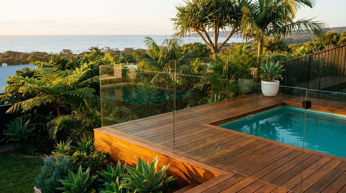 A timber deck and glass balustrade beside a backyard pool with tropical planting behind