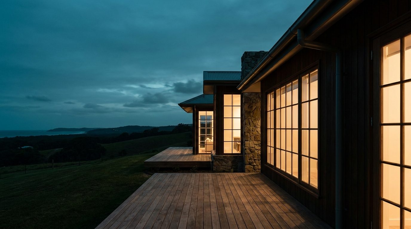 A dark timber deck and glazed wall of a house under a heavy evening sky