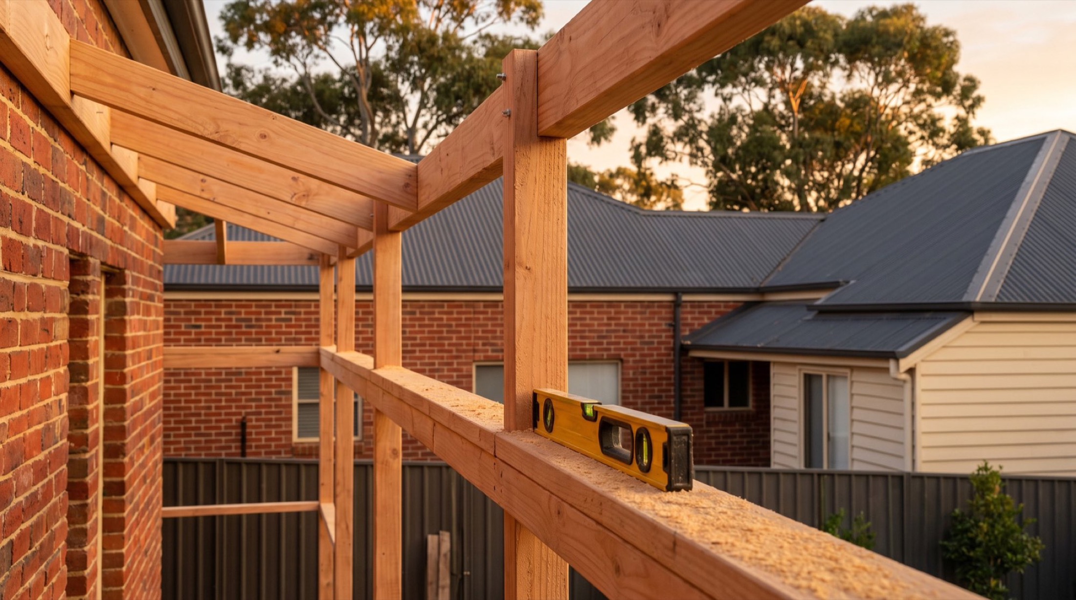 Timber framing for a pergola with a spirit level resting across it