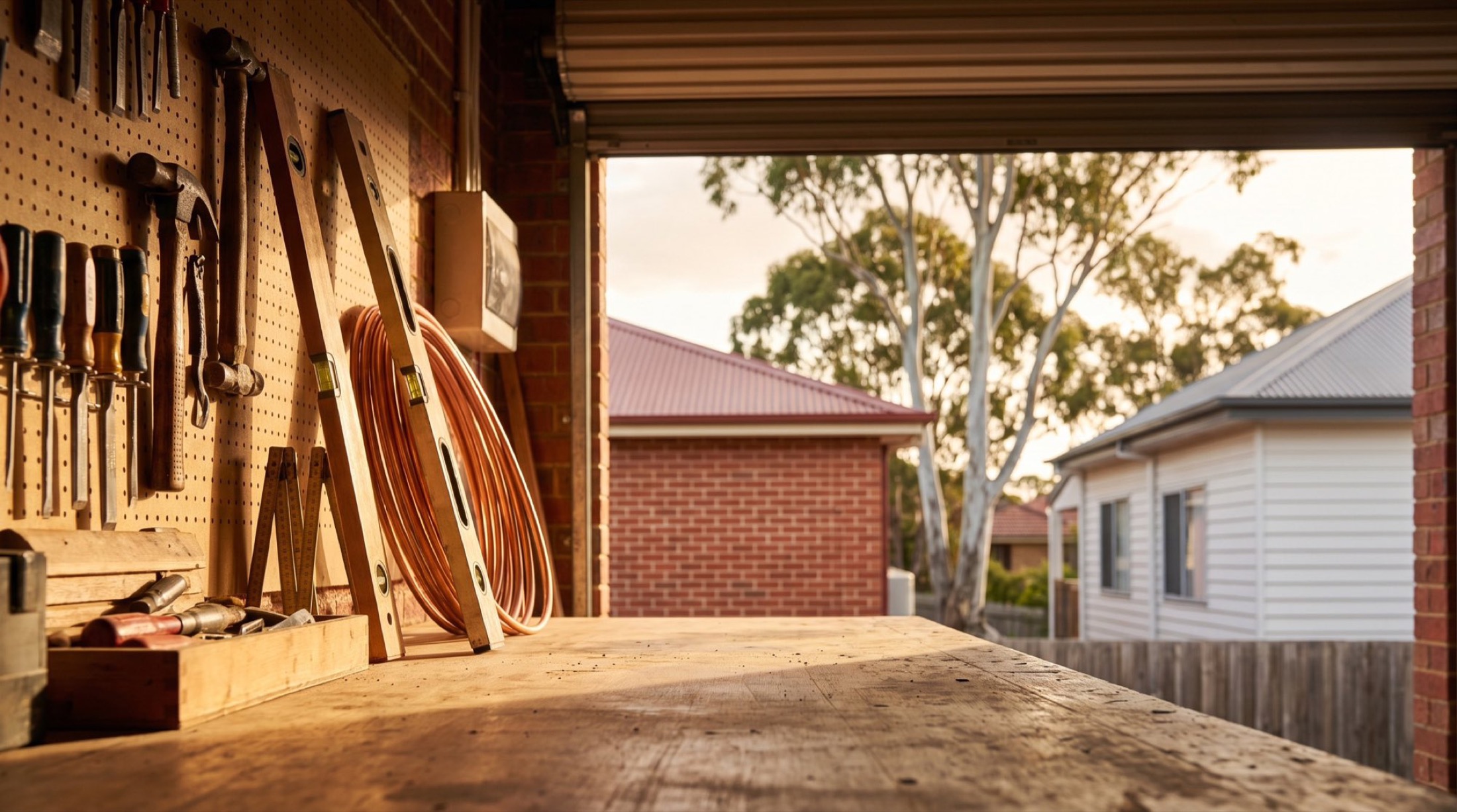 A timber lean-to beside a driveway with lengths of timber stacked against the wall