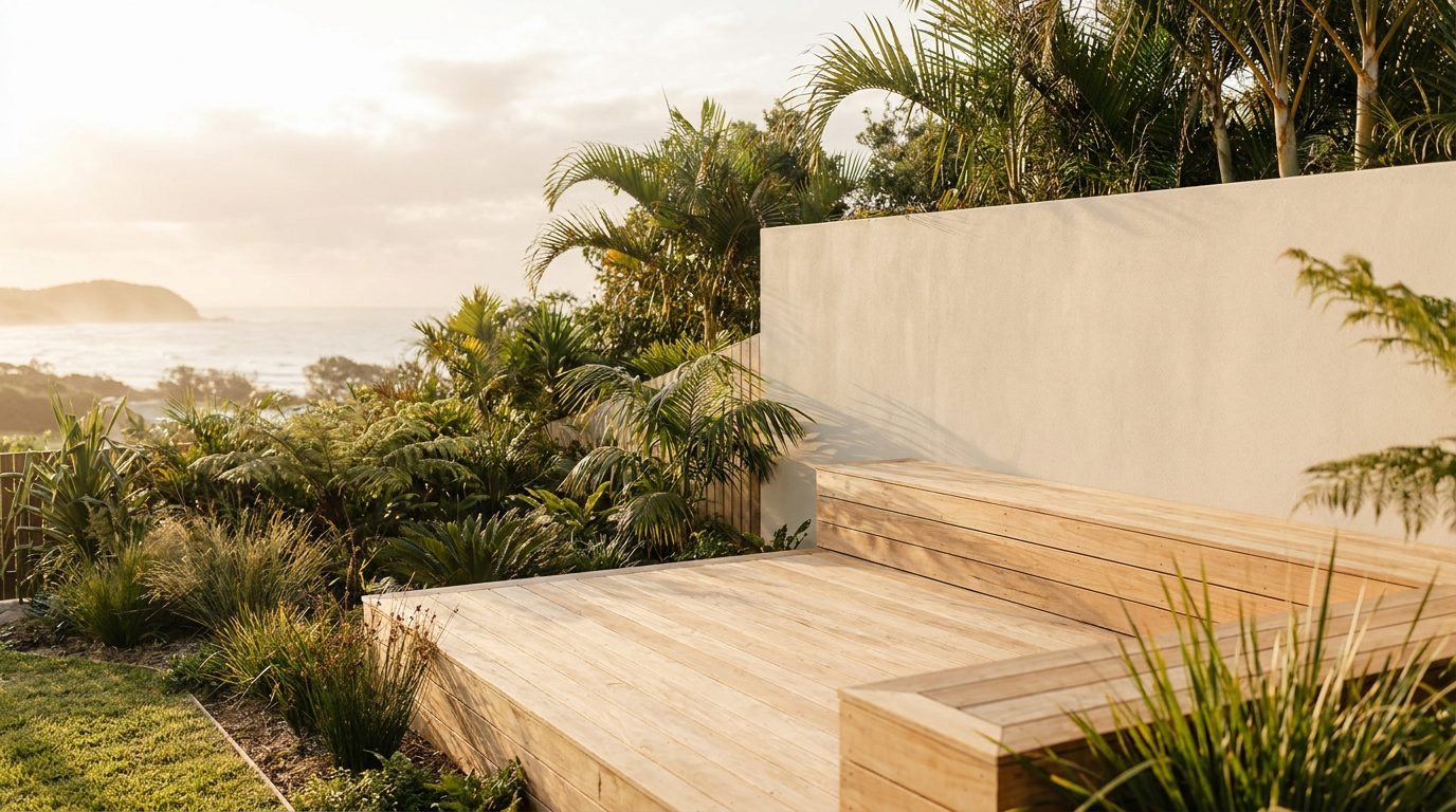 A timber deck and tropical planting beside a home in warm evening light