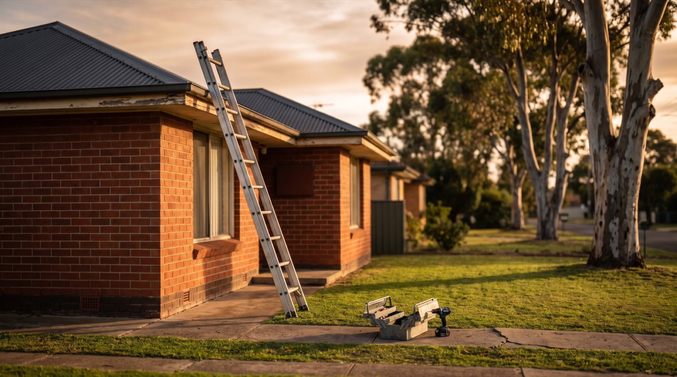 A single-storey brick home at dusk with a ladder resting against the eaves