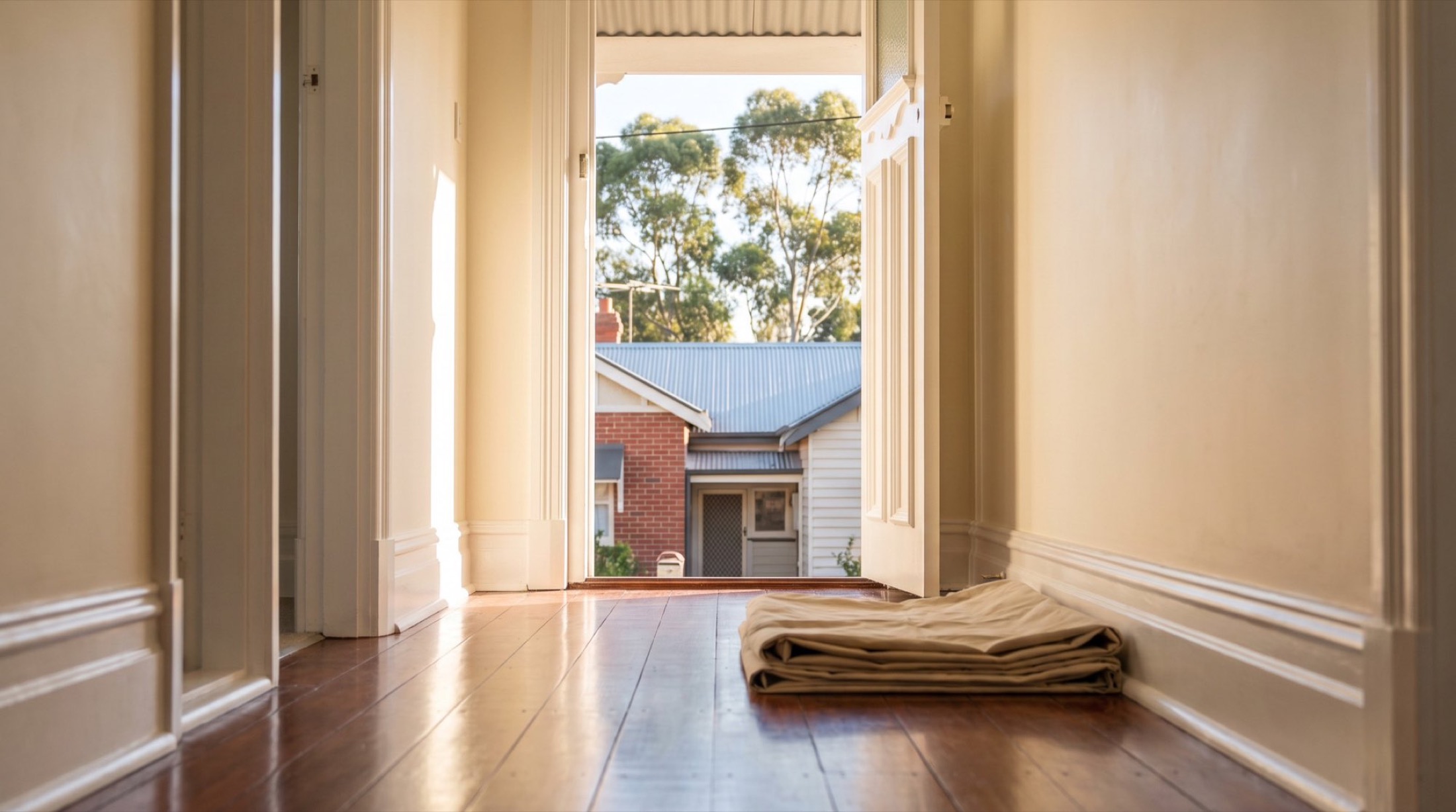 A hallway inside a home with light coming through a doorway