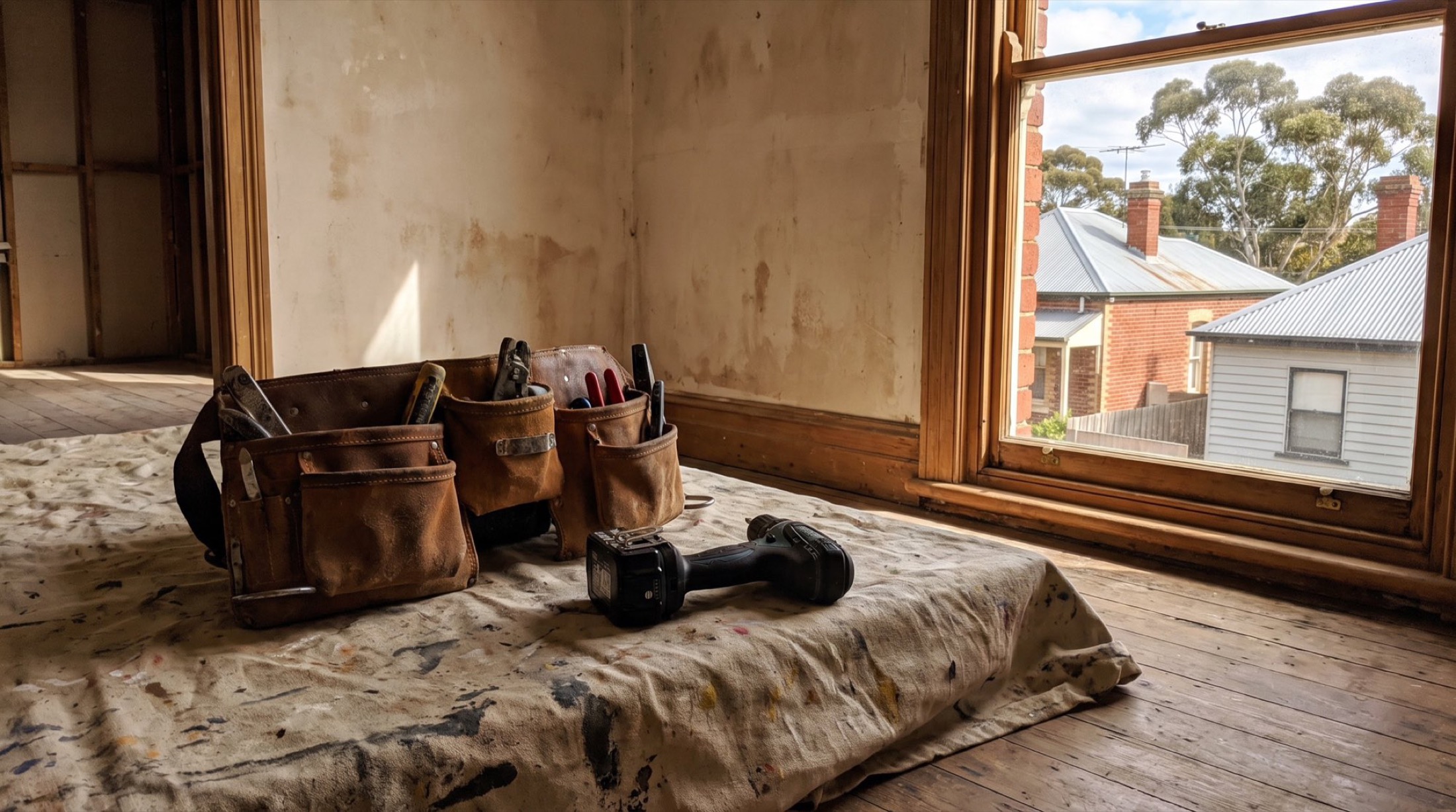A tool belt and cordless tools resting on a drop sheet beside a window