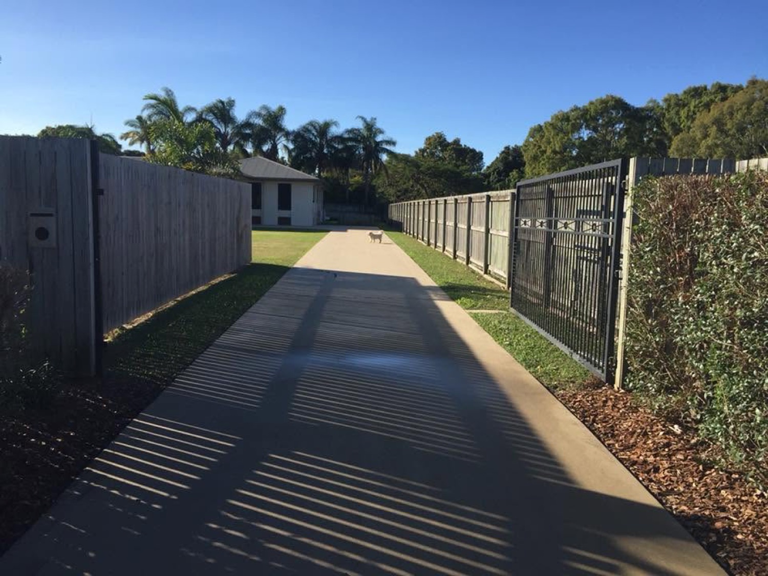 A cleaned concrete driveway running between two fences to a carport